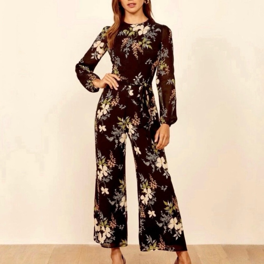 Reformation Franny Black Floral Long Sleeve Jumpsuit